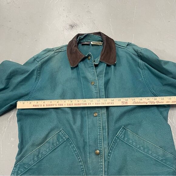 Vintage Woolrich Coat Women’s Made In USA Teal Chore Barn Leather Collar Large - Picture 2 of 8
